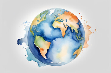 The image of the globe in the form of a watercolor illustration on a white background. The concept of celebrating Earth Day.