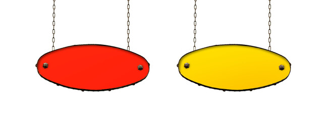 Blank oval sign hanging on iron chains. Red and yellow signboard isolated on a white