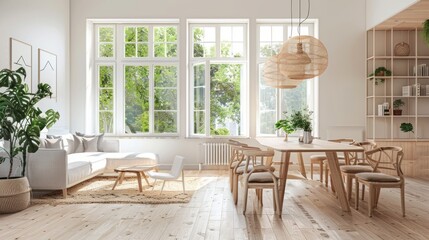 Interior design of modern scandinavian apartment, living room and dining room, panorama 3d rendering