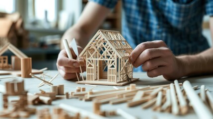 Person building a little house model using natural wooden dowel rods, Crisp, clear, bright color. - obrazy, fototapety, plakaty