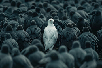 Obraz premium White bird amidst gray flock, man watches, standing out.