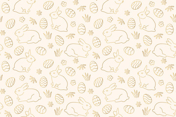 golden seamless Easter pattern with bunnies, flowers and eggs- vector illustration - 758095757