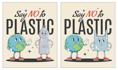 Set of posters for Earth day with text No plastic. Groovy characters bottle, plastic bag and planet Earth in retro style. World environment cards. Vector illustration