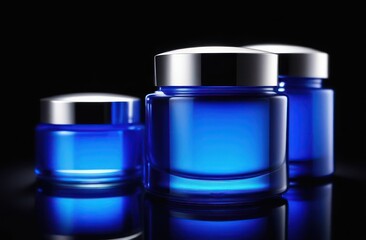 blue jars  without inscriptions for skin care on a dark background in backlight with space for text