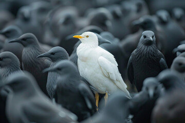 White bird amidst gray flock, man watches, standing out.