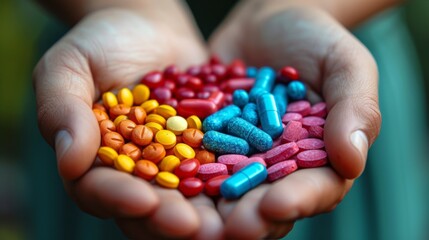 pills on open hands closeup. Healthcare, medicine concept