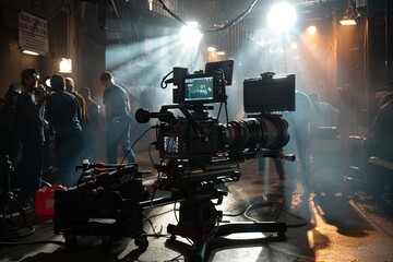 A diverse group of individuals gather around a camera, likely involved in a production or filming process. Generative AI