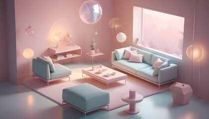 An ethereal isometric living room composition featuring floating furniture pieces in soft pastel hues, illuminated by a dreamy, ambient glow, achieved through advanced ray tracing techniques.