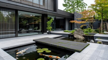 Sleek Courtyard Landscape with Koi Pond, a detailed description of a modern and stylish courtyard...
