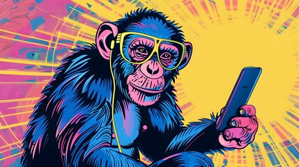 Chimpanzee with Smartphone, Colorful Artistic Concept for Tech and Animal
