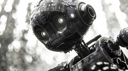 Monochrome Robot Headshot, High-Tech Machinery