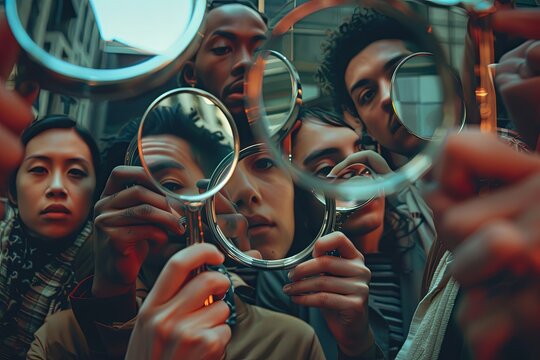 A group of individuals standing together and raising magnifying glasses. Generative AI