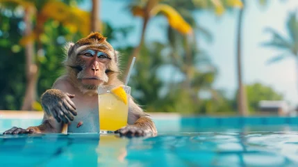 Deurstickers a monkey in a pool with a drink © Alexei