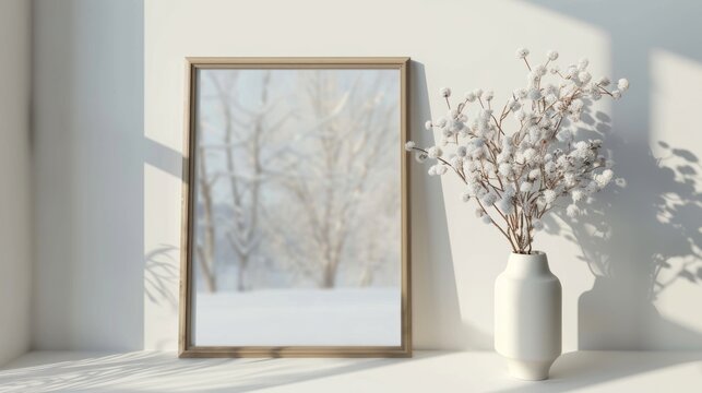 Cozy winter home decor: blank wooden frame mockup & flowers on windowsill with snowy landscape background