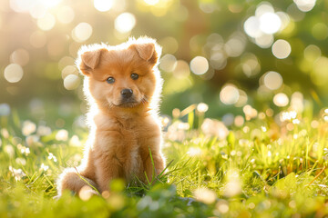 Cute little puppy sitting on green grass in sunlight - 758097168