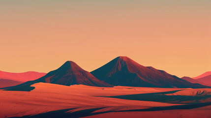 Fototapeta na wymiar a minimalist desert landscape at sunset, featuring smooth sand dunes and majestic mountains under a gradient orange sky, creating a serene and tranquil atmosphere.