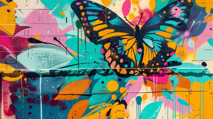 a vibrant and colorful graffiti of a butterfly on a wall, adorned with a multitude of hues and abstract patterns, demonstrating the artistic fusion of nature and street art.