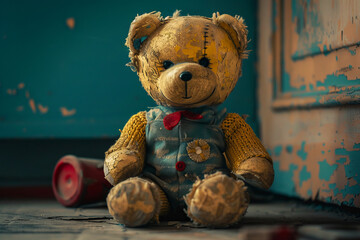 Vintage Teddy Bear with Bow Tie Sitting Alone, Flaking Texture Revealing Years of Love and Play
