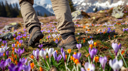 Hiker's boots taking a step in a vibrant crocus-covered mountain meadow