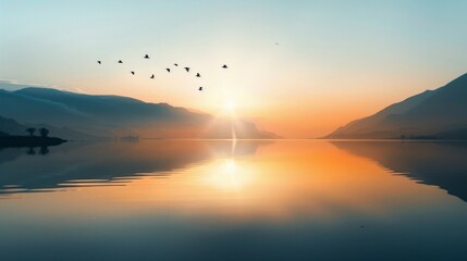 Serene mountain sunrise: tranquil waters, bird silhouettes in flight - symbolizing peaceful new beginnings and nature's simplicity - obrazy, fototapety, plakaty