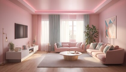 Fototapeta na wymiar An isometric living room design characterized by its high-detail textured surfaces, pastel-colored décor, and intricate lighting effects, rendered with advanced ray tracing technology.