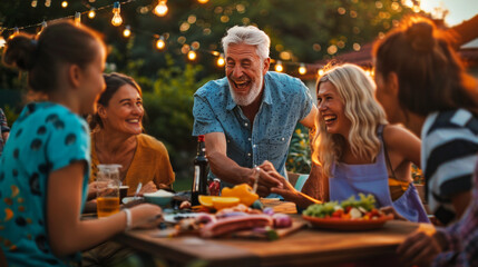 Heartwarming Backyard Gathering with Joyful Elderly Man Sharing a Laugh with Family