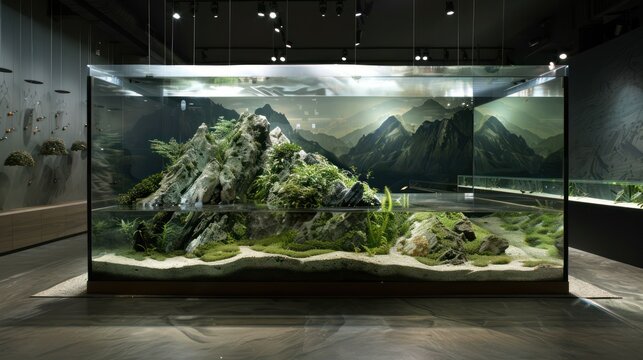 The fish tank with a width of 60CM is landscaped in the style of a suspended mountain,