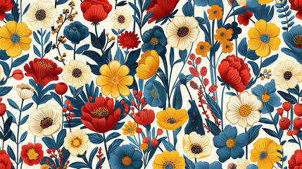 beautiful detailed colorful flowers seamless pattern, scandinavian art