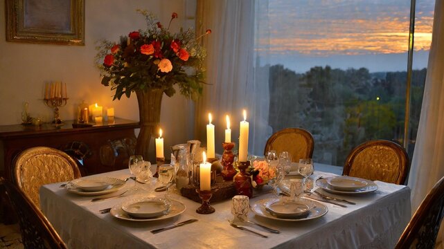 A candlelit dinner table set with fine china and flickering candles in a private, dimly-lit corner.