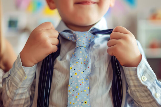 Close-up of a child in a blue shirt and tie with a proud smile at a pretend award ceremony