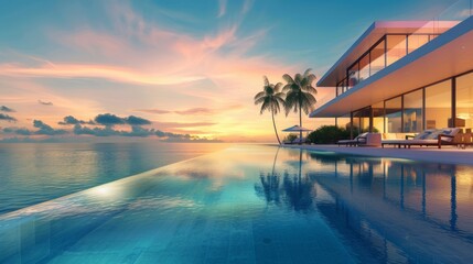 Sunset serenity: modern luxury villa with infinity pool in tropical beach resort - obrazy, fototapety, plakaty