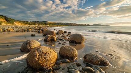 Mesmerizing moeraki boulders: stunning landscape of new zealand beach - obrazy, fototapety, plakaty