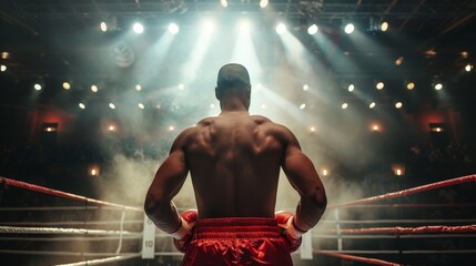Fototapeta na wymiar Professional boxer fight in ring with spot lighting