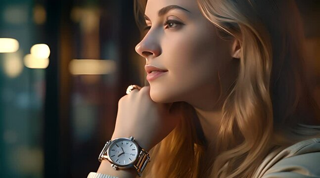 beautiful woman wearing cool watch with hands on shoulders