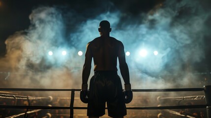 Professional boxer fight in ring with spot lighting