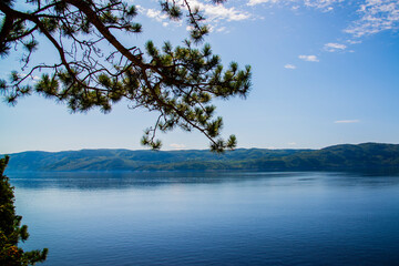 Saint-Rose-du-Nord, Canada - August 14 2019: People kayaking in Petit Saguenay valley view from Sainte-Rose-du-Nord