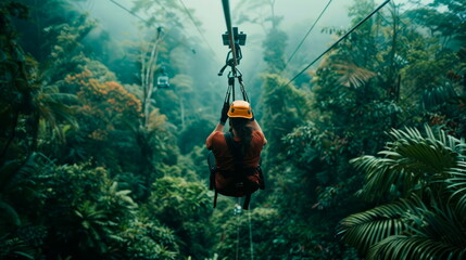 Adventurous couple zip-lining through lush forest canopies on a nature excursion during their summer vacation. Generative AI