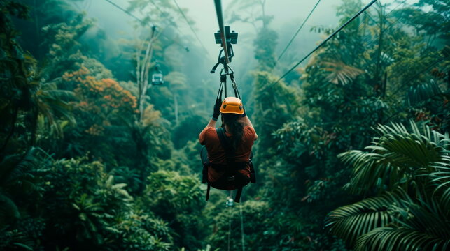 Adventurous couple zip-lining through lush forest canopies on a nature excursion during their summer vacation. Generative AI - Powered by Adobe