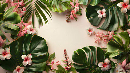 Creative layout of foliage with space for text. Frame of leaves and flowers. Floral background. View from above. - obrazy, fototapety, plakaty