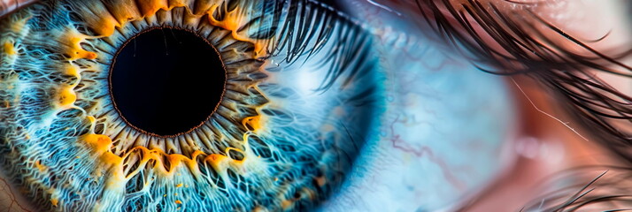 human eye, revealing the intricate patterns of the iris and the reflection of light in the pupil. Generative AI - obrazy, fototapety, plakaty