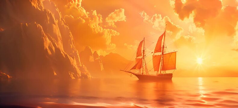 sailing ship on yellow evening background