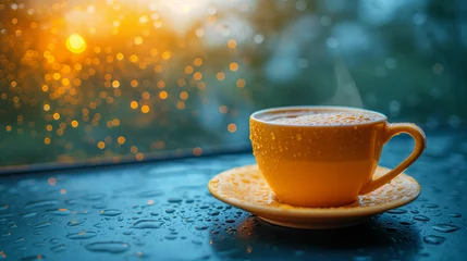 Tuinposter White steaming cup of hot tea or coffee on vintage wooden windowsill against window with raindrops on blurred background. Shallow focus. © Cristina