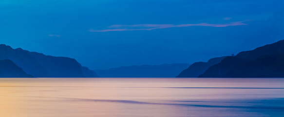 Naklejka premium Saguenay river, Canada - August 18 2019: Stunning panoramic view of Sagueney River Valley during sunset