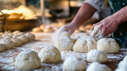 A close-up of a baker's hands dusting dough balls with flour, highlighting the precision in baking