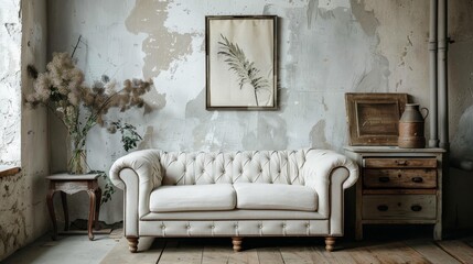  Rustic cabinet near white tufted sofa against concrete wall with art poster.
