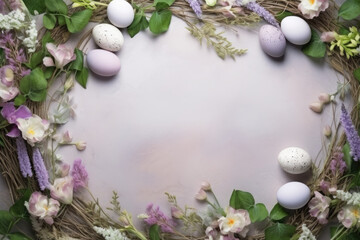 Naklejka na ściany i meble Easter eggs and spring flowers on pastel backdrop
