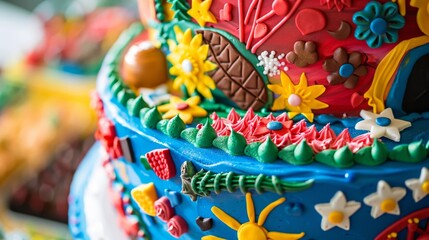 Fototapeta na wymiar Close-Up of a Vibrantly Decorated Multilayer Celebration Cake