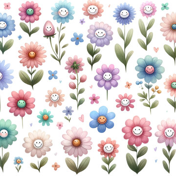  flowers with smiles in pastel tones, each isolated from the white background, PNG