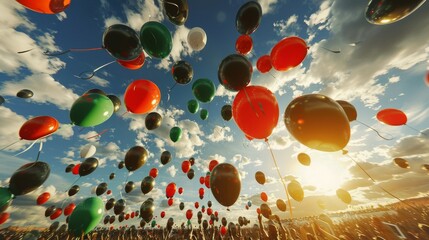 Colorful Sky Celebration: Balloons Soaring into the Sunset