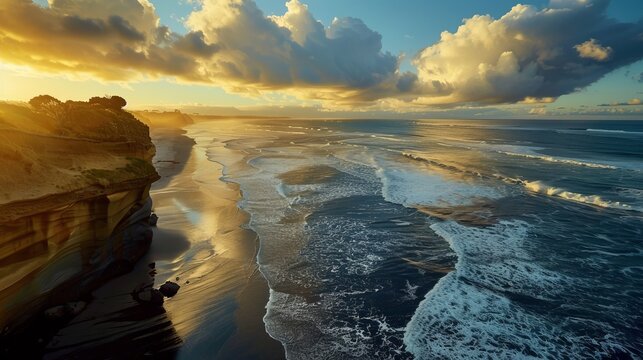Golden sunset over muriwai beach, new zealand: majestic coastal beauty captured in vibrant colors